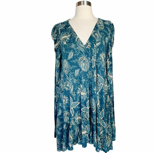 FREE PEOPLE Hello Lover Blue Green Tunic Top Shoulder Long Sleeves V-Neck Small - Picture 2 of 10